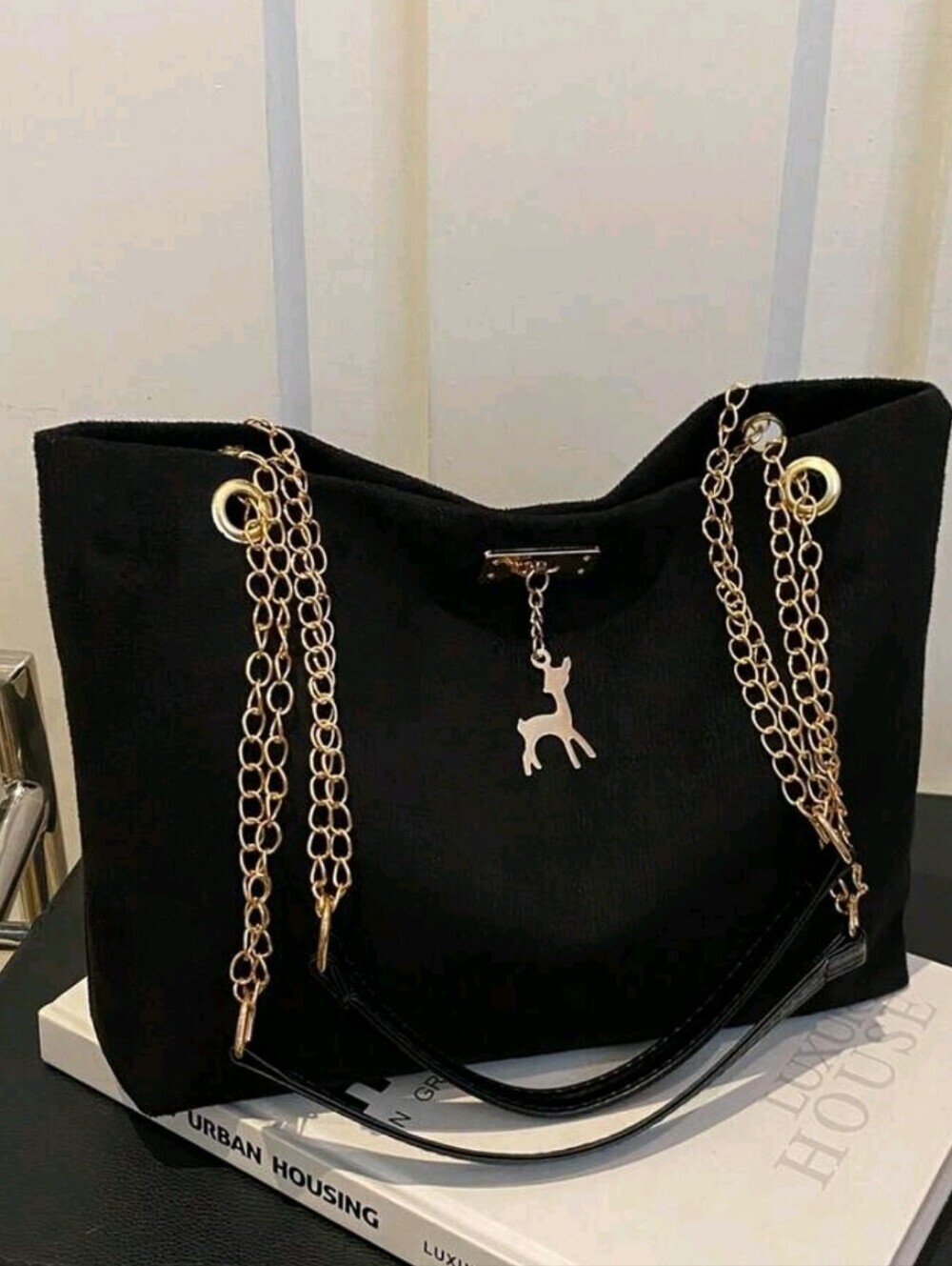 Black Chain-Detail Tote Bag